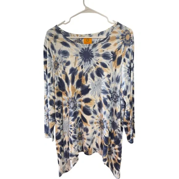 Ruby Rd. Blue & Gold Tie Dye Sharkbite Hem Tunic Top Size XL NWOT - Picture 2 of 7